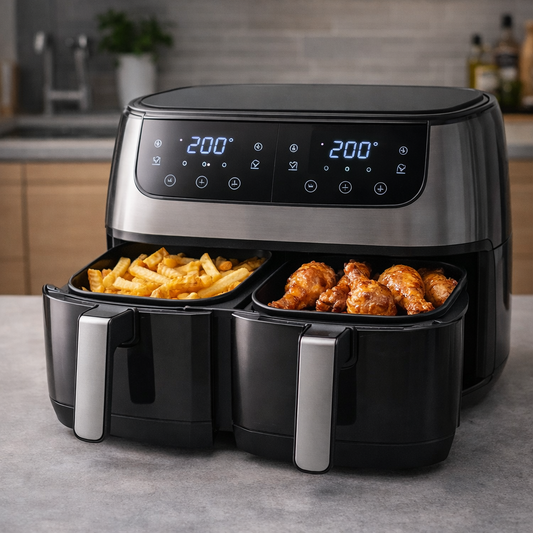 Air fryer double compartiment grande capacité dans une cuisine moderne et design, idéal pour cuisiner deux plats en même temps