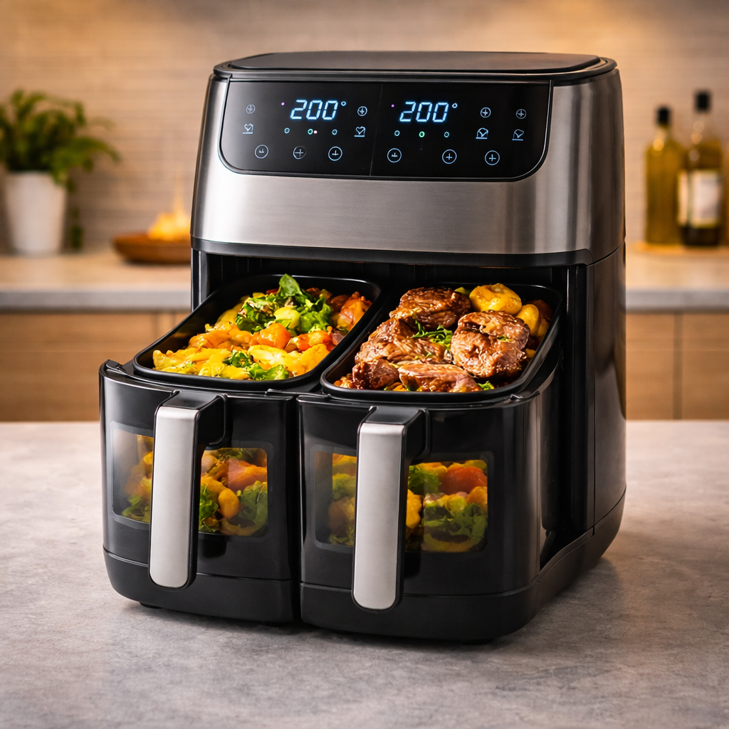Air fryer double compartiment grande capacité dans une cuisine moderne avec aliments en cuisson