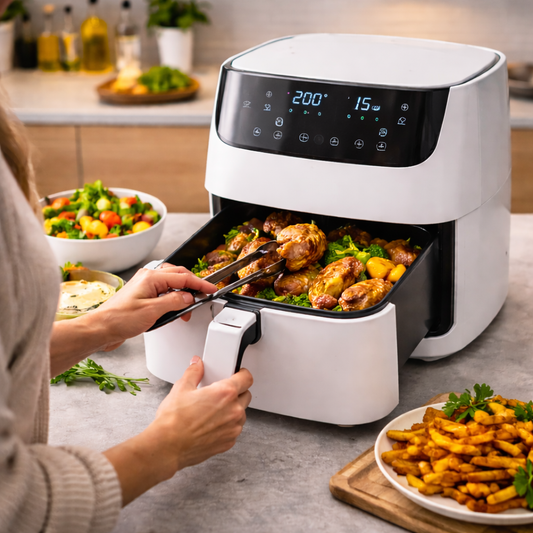 Personne utilisant une air fryer moderne sans marque dans une cuisine contemporaine, cuisson de légumes et viande pour un repas sain et rapide