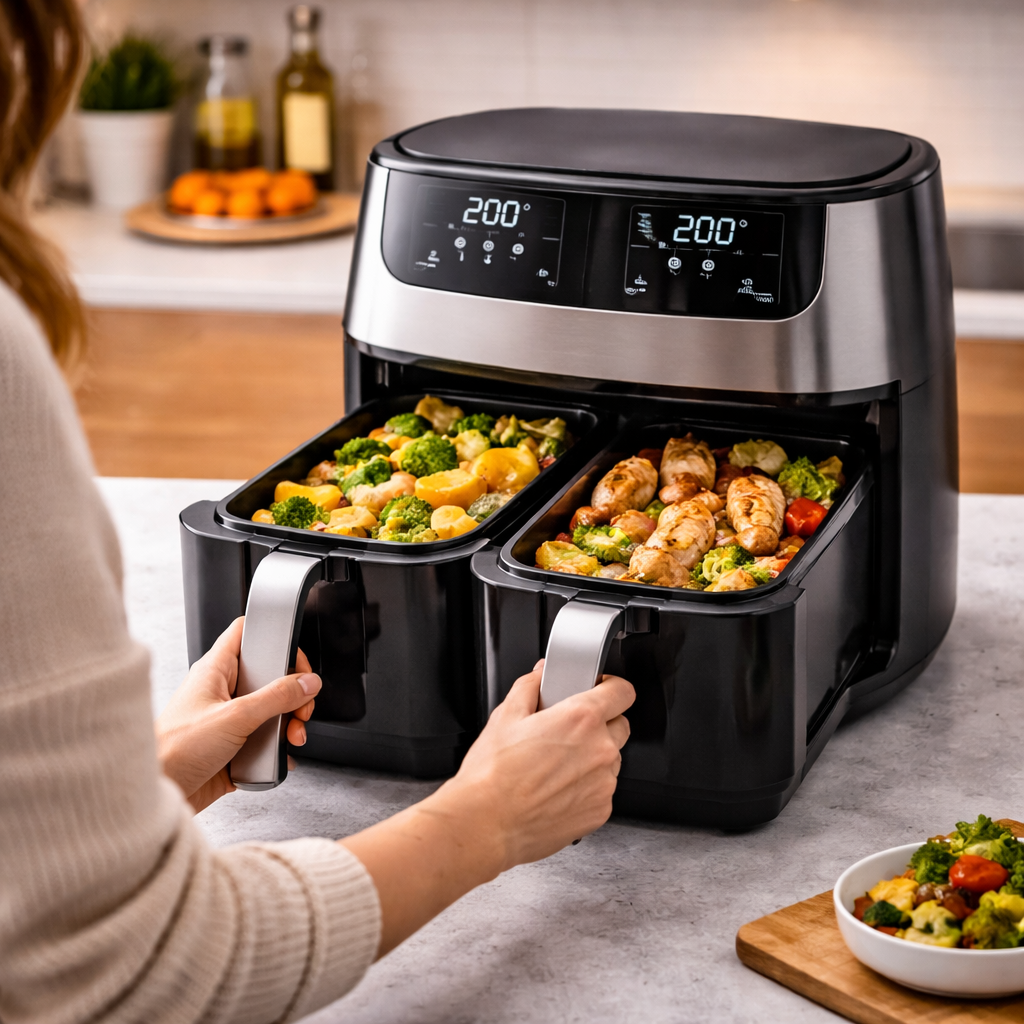 Personne utilisant un air fryer vertical double compartiment avec légumes et viande dans une cuisine moderne
