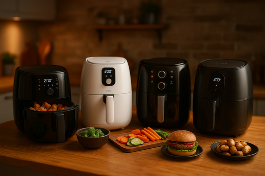 Cuisine moderne avec plusieurs air fryers en fonctionnement, aliments croustillants et ambiance chaleureuse lifestyle — illustration pour article de blog AirFryerLab