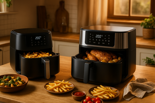 Deux air fryers modernes en cuisine, cuisant des frites et un poulet rôti, ambiance chaleureuse et lifestyle — idéal pour choisir une friteuse sans huile en 2025