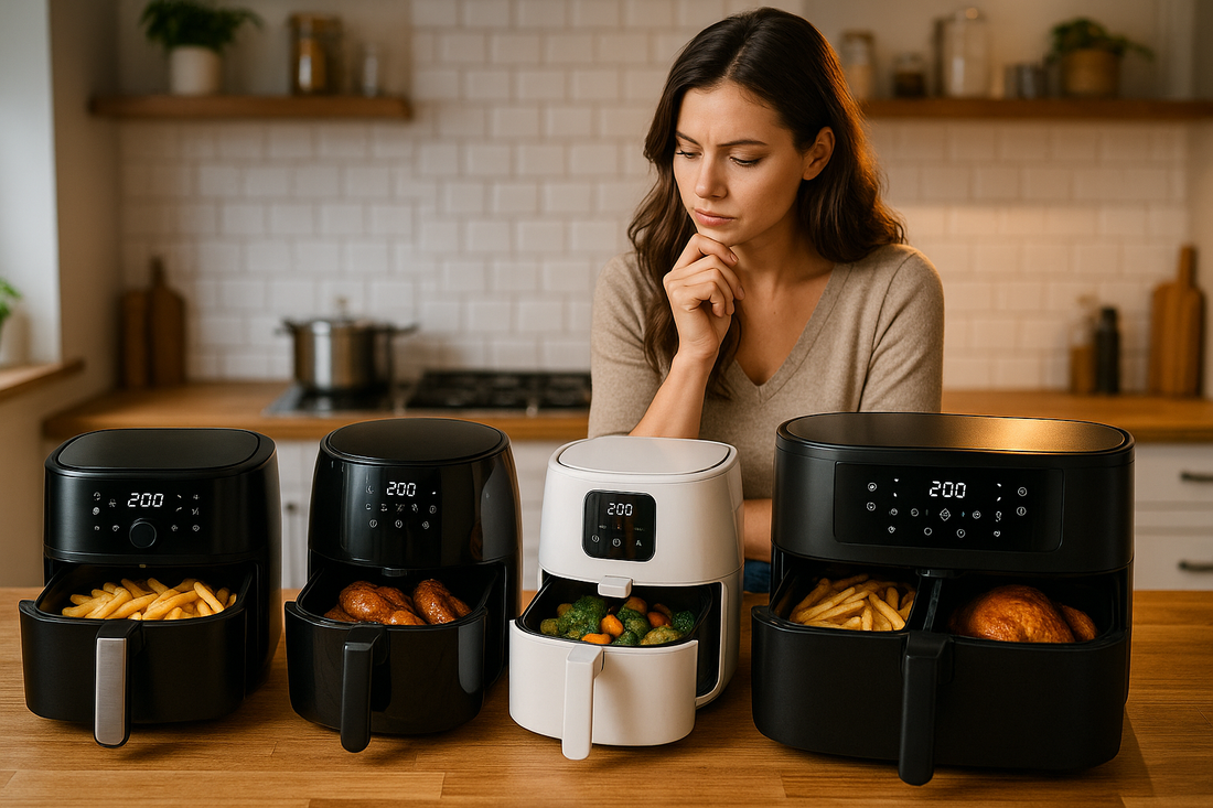 Femme comparant plusieurs air fryers dans une cuisine moderne - ambiance lifestyle chaleureuse