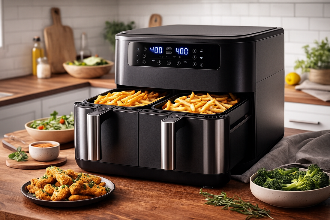 Air fryer double bac dans une cuisine moderne, style lifestyle.