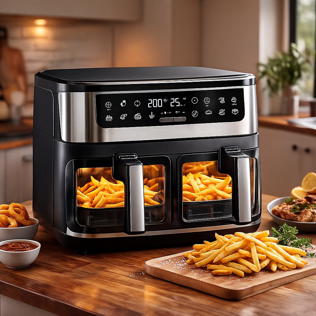 Air fryer double compartiment 10L posé sur un plan de travail en cuisine moderne, avec frites dorées visibles à travers les fenêtres de cuisson, ambiance chaude et gourmande.