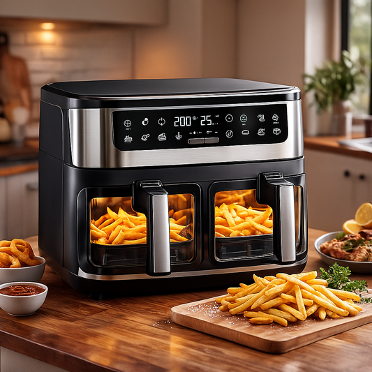 Air fryer double compartiment 10L posé sur un plan de travail en cuisine moderne, avec frites dorées visibles à travers les fenêtres de cuisson, ambiance chaude et gourmande.