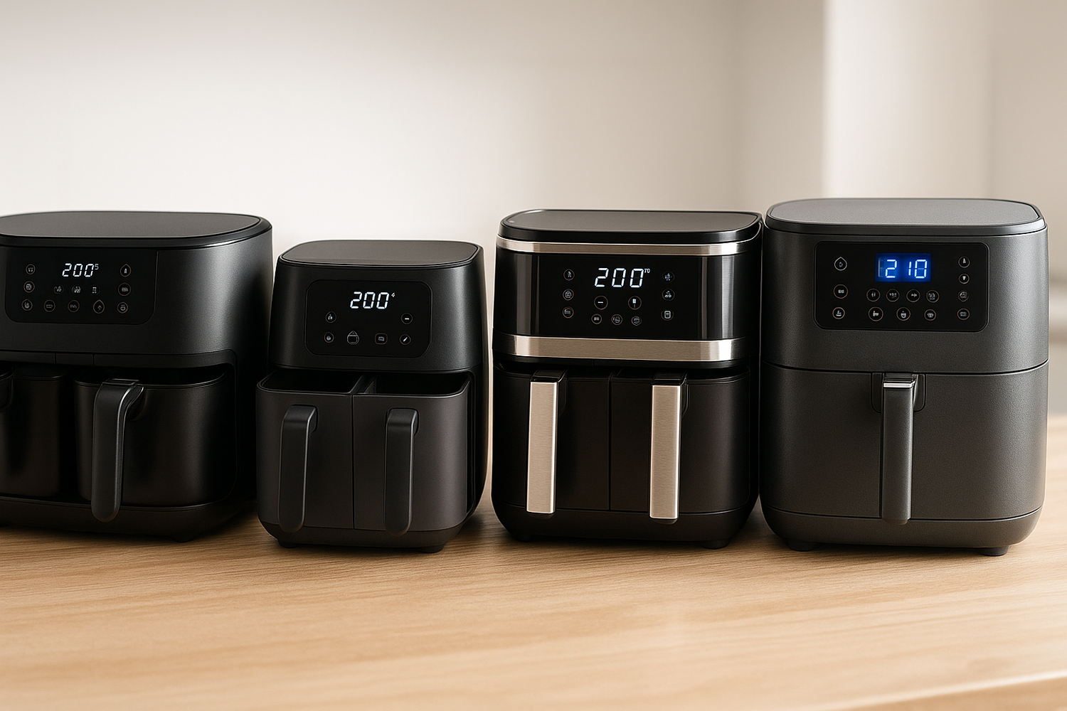 Sélection d’air fryers double bac modernes alignés sur un plan de travail, illustrant la collection Air Fryer Double Bac d’Air Fryer Lab.