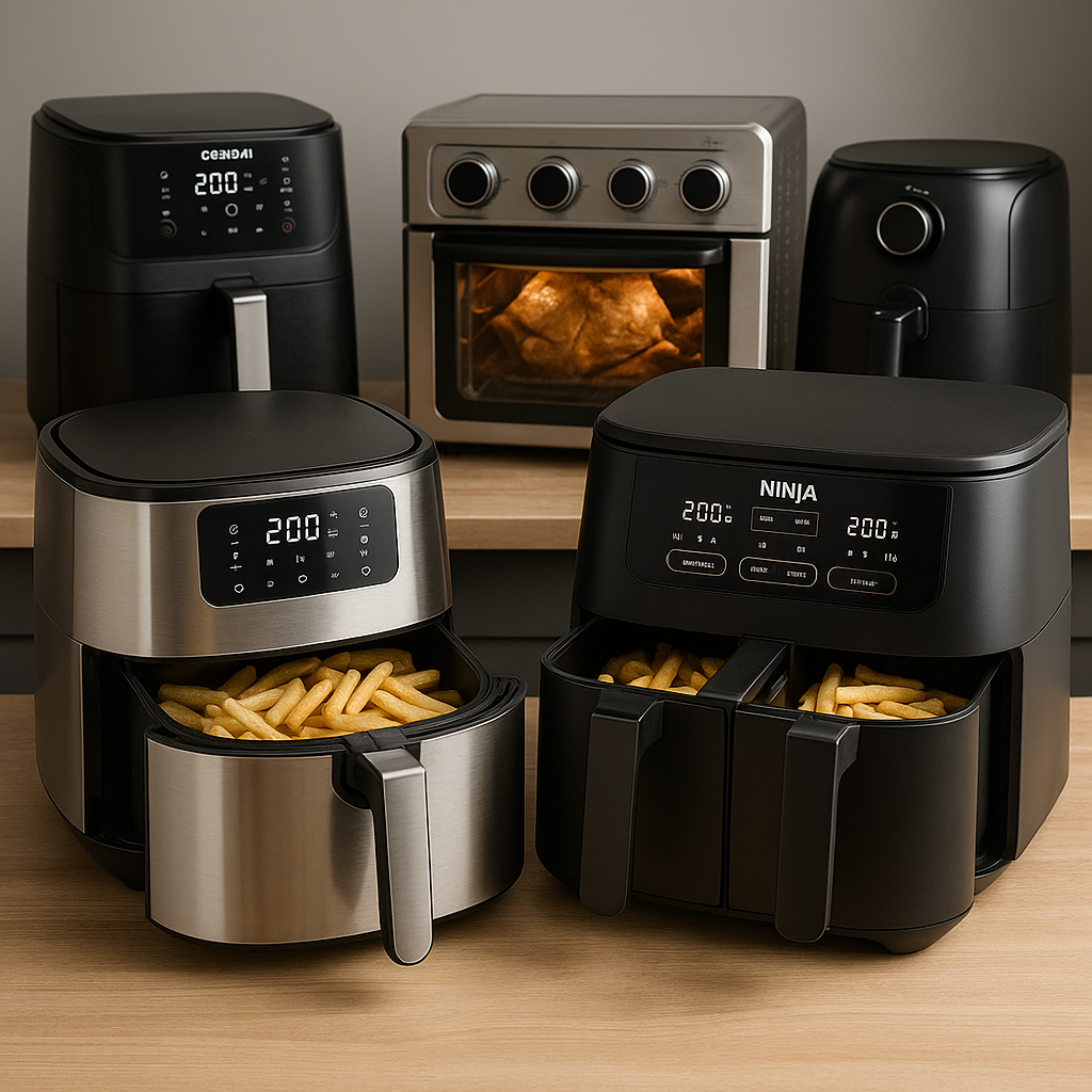 Sélection d’air fryers grande capacité, dont des modèles 8L à 12L, illustrant la collection Air Fryer Grande Capacité d’Air Fryer Lab.