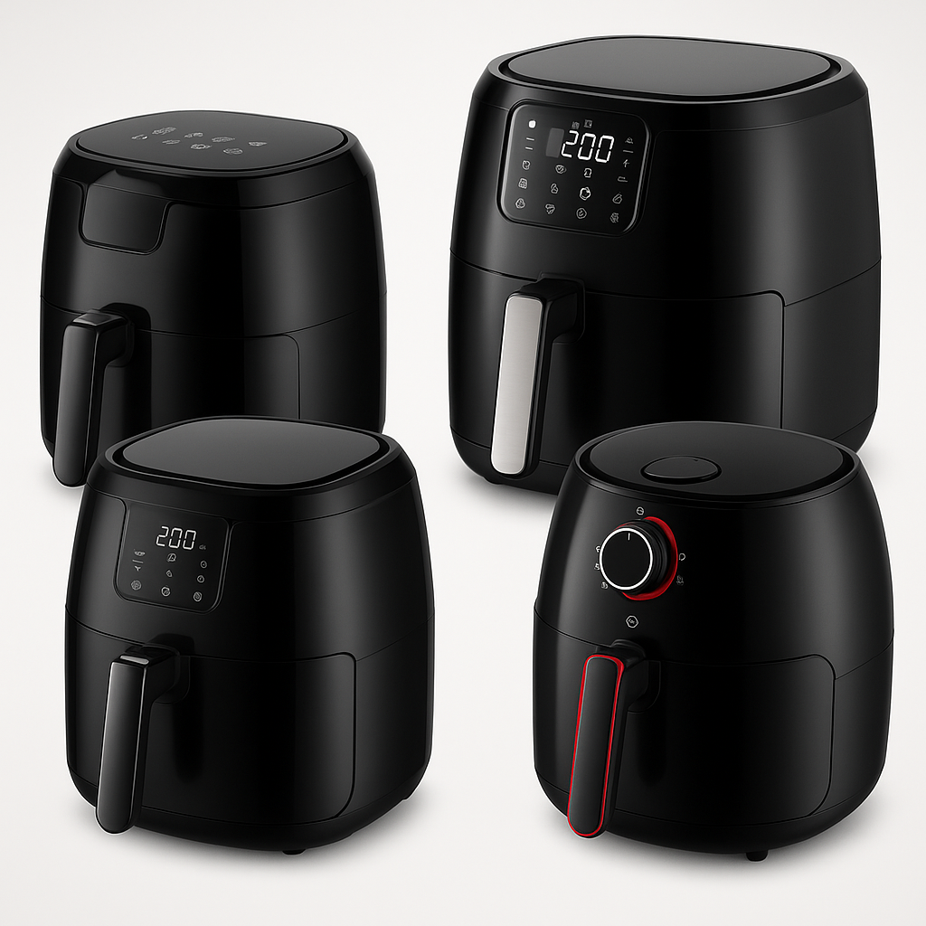 Quatre air fryers noirs avec détails rouges inspirés du style Tefal, illustrant la collection Air Fryer Tefal d’Air Fryer Lab.