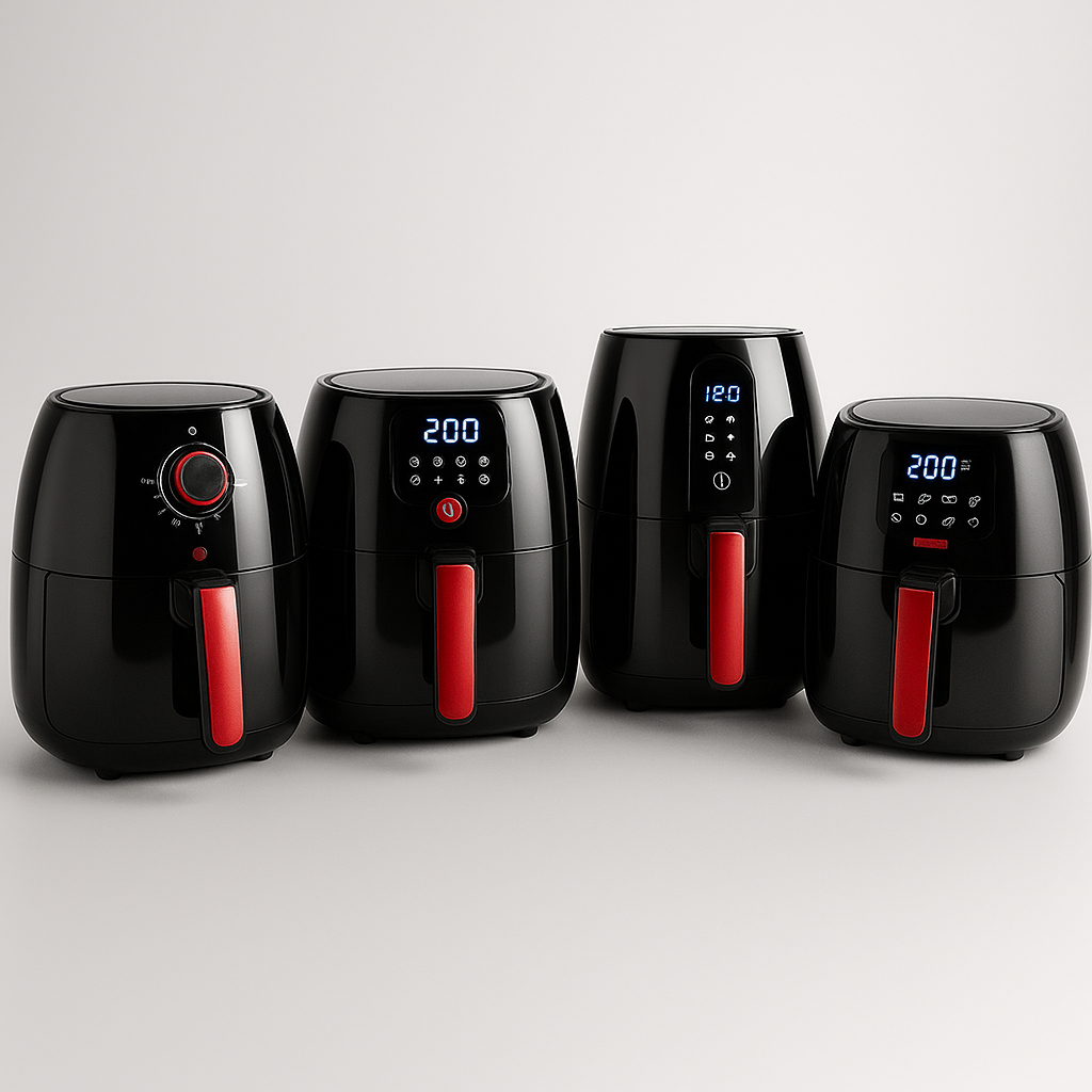 Quatre air fryers noirs avec poignées rouges inspirés du design Moulinex, illustrant la collection Air Fryer Moulinex d’Air Fryer Lab.