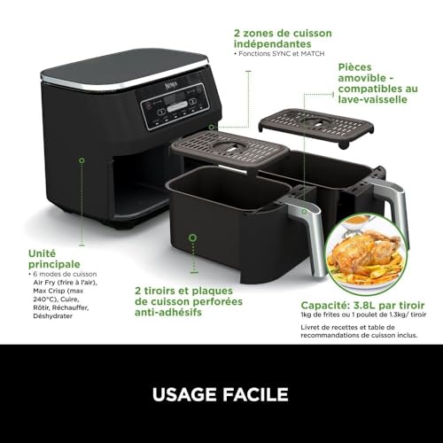 Ninja Air Fryer DualZone 7,6L – Friteuse Sans Huile 6-en-1 à Double Compartiment