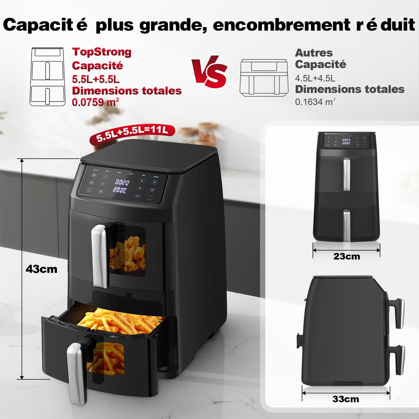 TopStrong Vertical Double Stack – Air Fryer 11L 2500W avec Fenêtres de Cuisson