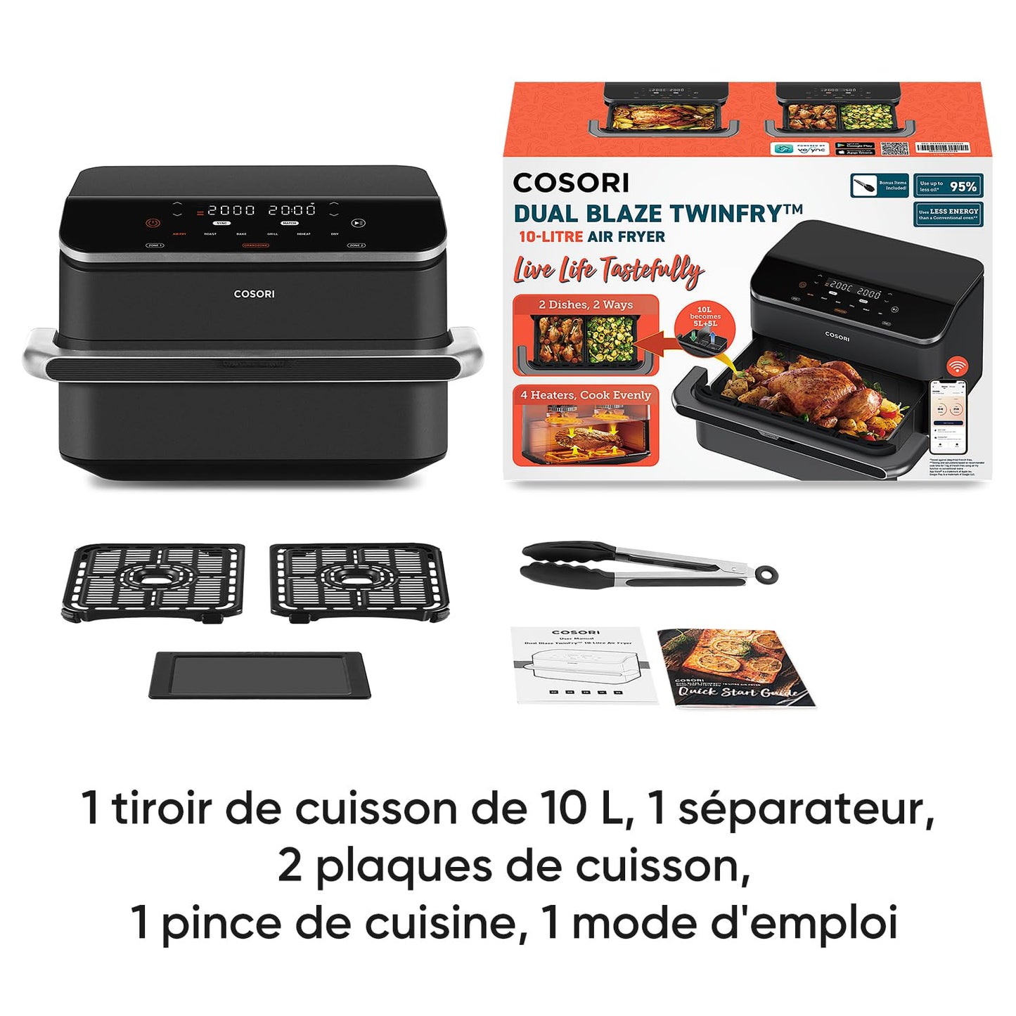 Cosori TwinFry Air Fryer 10L – Double Zone, Double Résistance, Friteuse Sans Huile Connectée