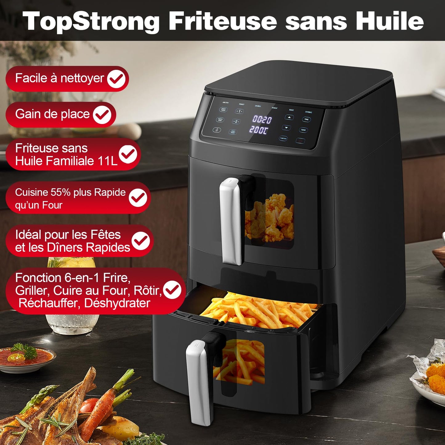 TopStrong Vertical Double Stack – Air Fryer 11L 2500W avec Fenêtres de Cuisson
