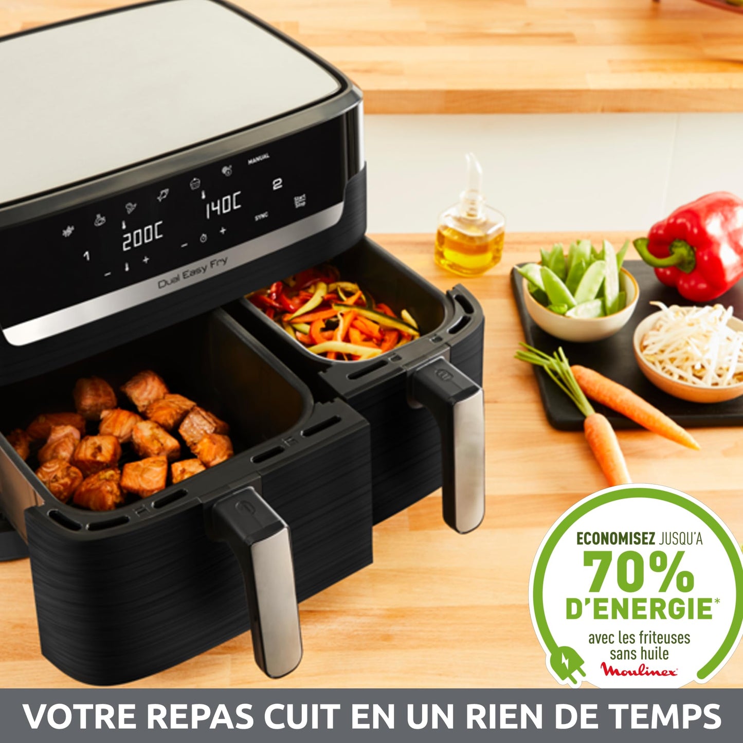 Moulinex Easy Fry Essential Inox EZ901820 – Air Fryer Double Tiroir 8,3L pour Repas Complets